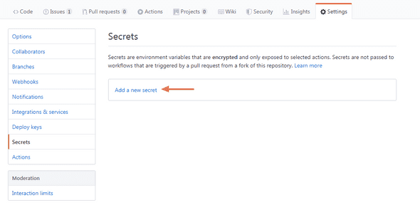 Github, adding a new repo secret (click to enlarge)