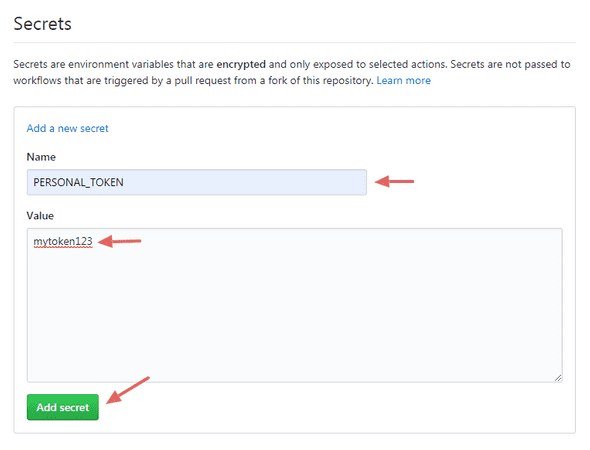 Github, adding a new repo secret 2 (click to enlarge)